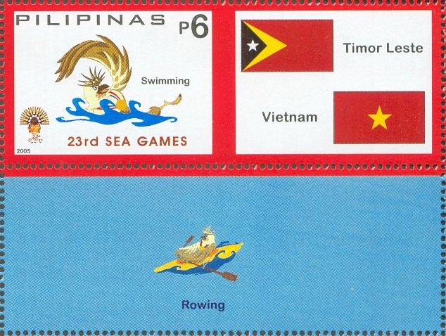 stamp phi 2005 southeast asian games manila swimming with attached label rowing 