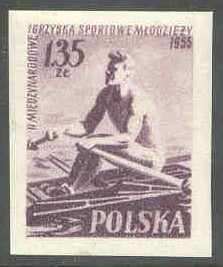 stamp pol 1955 july 27th mi 938 b imperforated youth games single sculler 