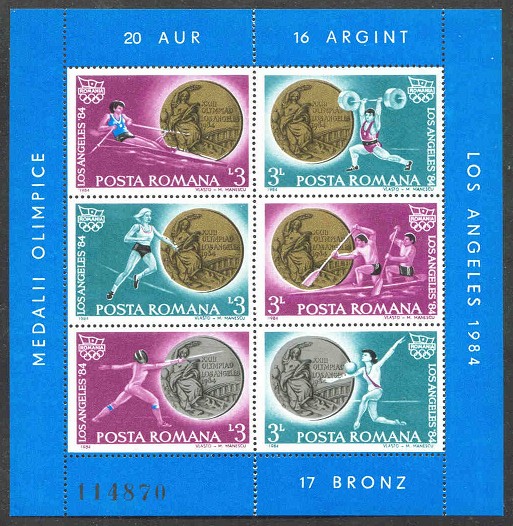 stamp rom 1984 oct. 29th og los angeles ss romanian medal winners mi bl. 209 with mi 4083 