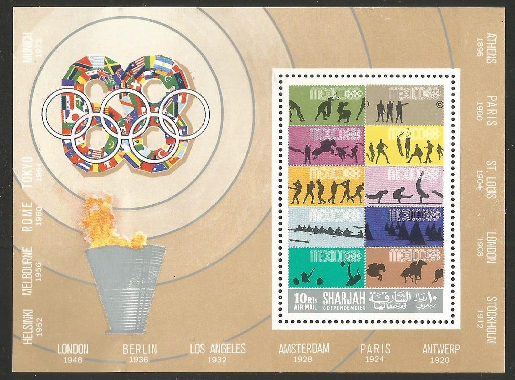 Stamp SHARJAH 1968 Oct. 15th OG Mexico Mi Bl. 43 A Stamp MEX 1968 silhouette of 8 different background colour