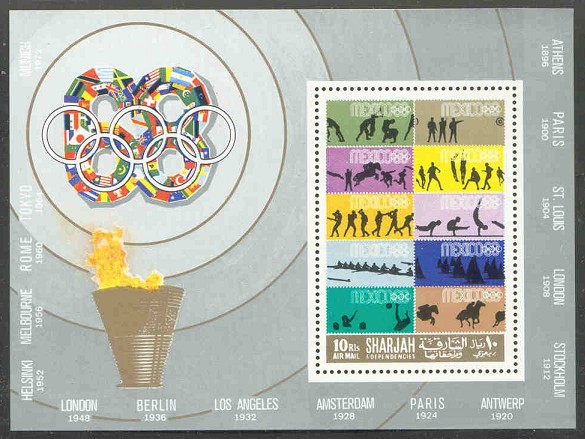 stamp sharjah 1968 oct. 15th og mexico mi bl. 43 a stamp mex 1968 silhouette of 8 