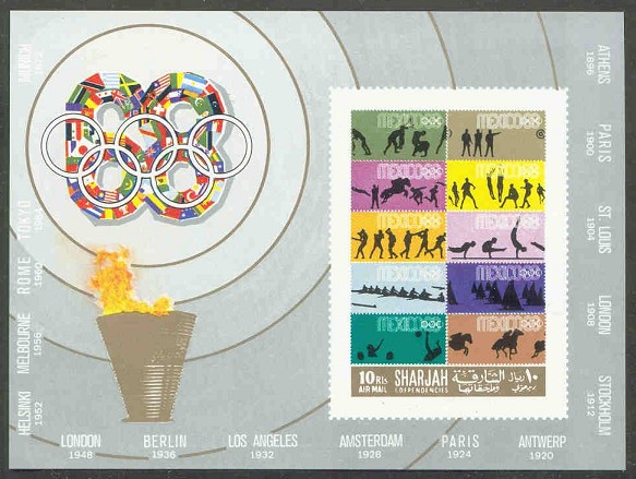 stamp sharjah 1968 oct. 15th og mexico mi bl. 43 b stamp mex 1968 silhouette of 8 