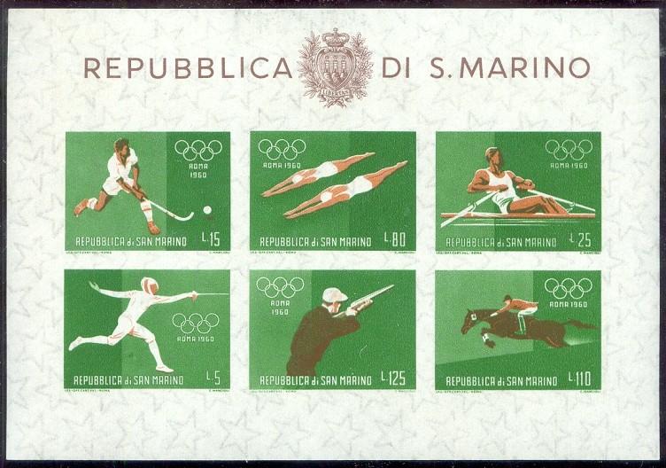 stamp smr 1960 aug. 27th og rome ss mi bl. 7 hockey swimming sculling fencing shooting horse jumping 