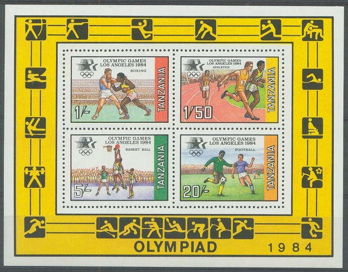 stamp tan 1984 aug. 6th ss mi bl. 37 og los angeles pictogram in margin 