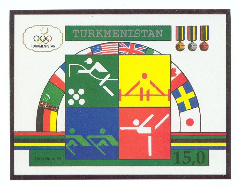 stamp tkm 1992 dec. 25th ss og barcelona mi bl. 2 pictogram 