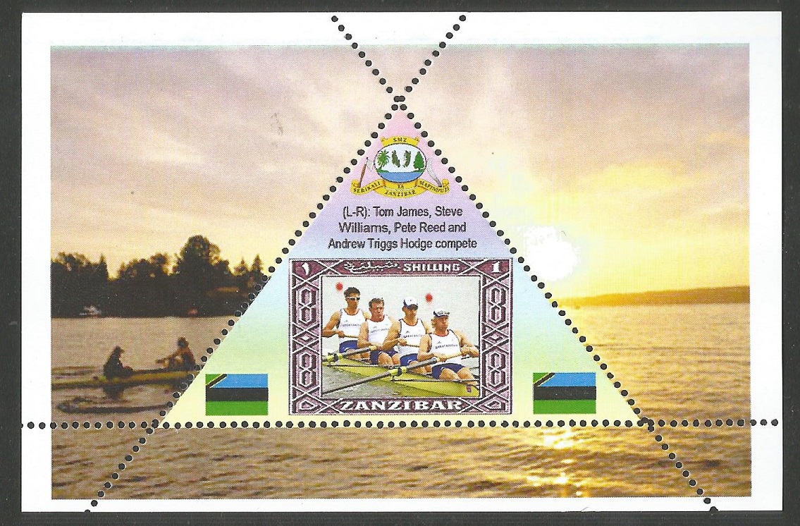 Stamp TAN ZANZIBAR undated GBR M4 crew T. James S. Williams P. Reed A. Triggs Hodge stroke gold medal wiinner OG Beijing 2008