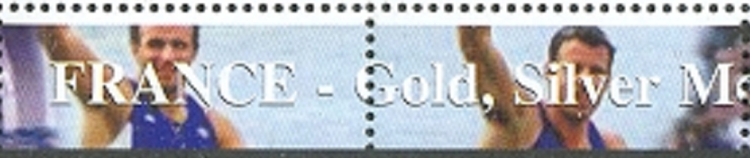 Stamp TJK 2000 OG Sydney MS Gold silver medal winners of FRA M2 Rolland Andrieux on lower margin