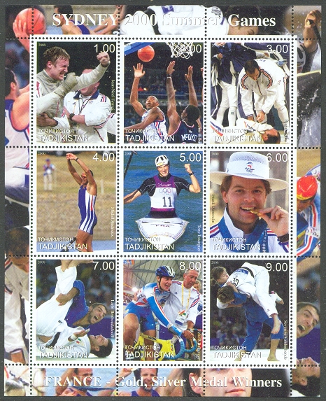 Stamp TJK 2000 OG Sydney MS Gold silver medals of FRA Andrieux standing up in his boat also M2 Rolland Andrieux on lower margin
