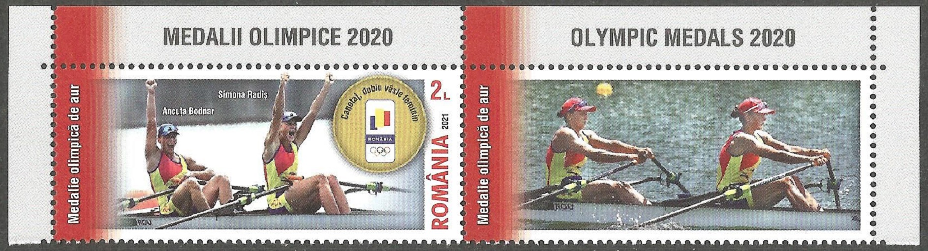Stamp ROU 2021 Aug. 18th OG Tokyo 2020 with tab Ancuta Bodnar Simona Radis ROU winners of the W2X silver medal