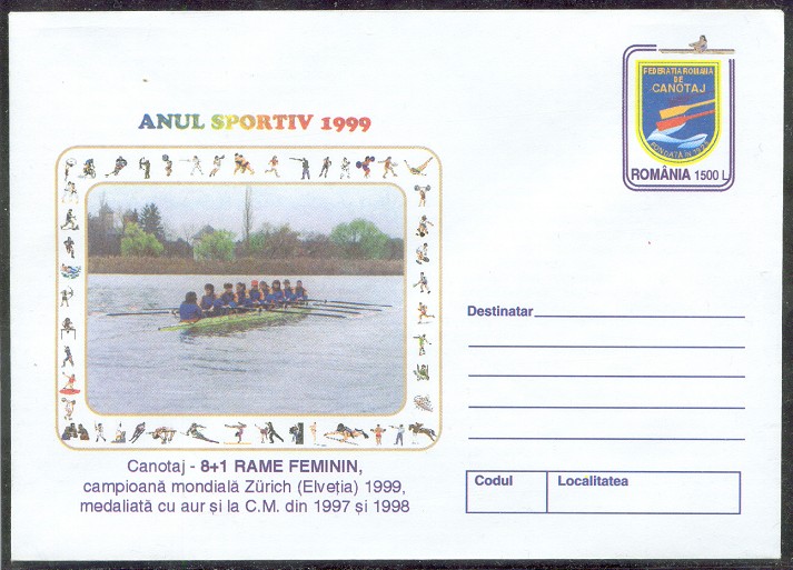 stationary i rom 1999 romanian rowing federation with two coloured blades touching water 
