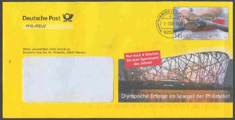 stationary i ger 2008 deutsche post philatelie   olymp. erfolge   bird s nest   with pm weiden july 7th