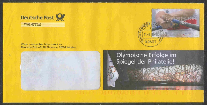 stationary i ger 2008 deutsche post philatelie og beijing   olympische erfolge   with pm weiden june 11th