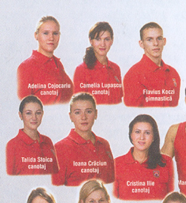 Stationary II ROU 2009 Clubul Sportiv Dinamo with images of four female rowers and the female cox from the European champions crew 2009 ROM W8 detail