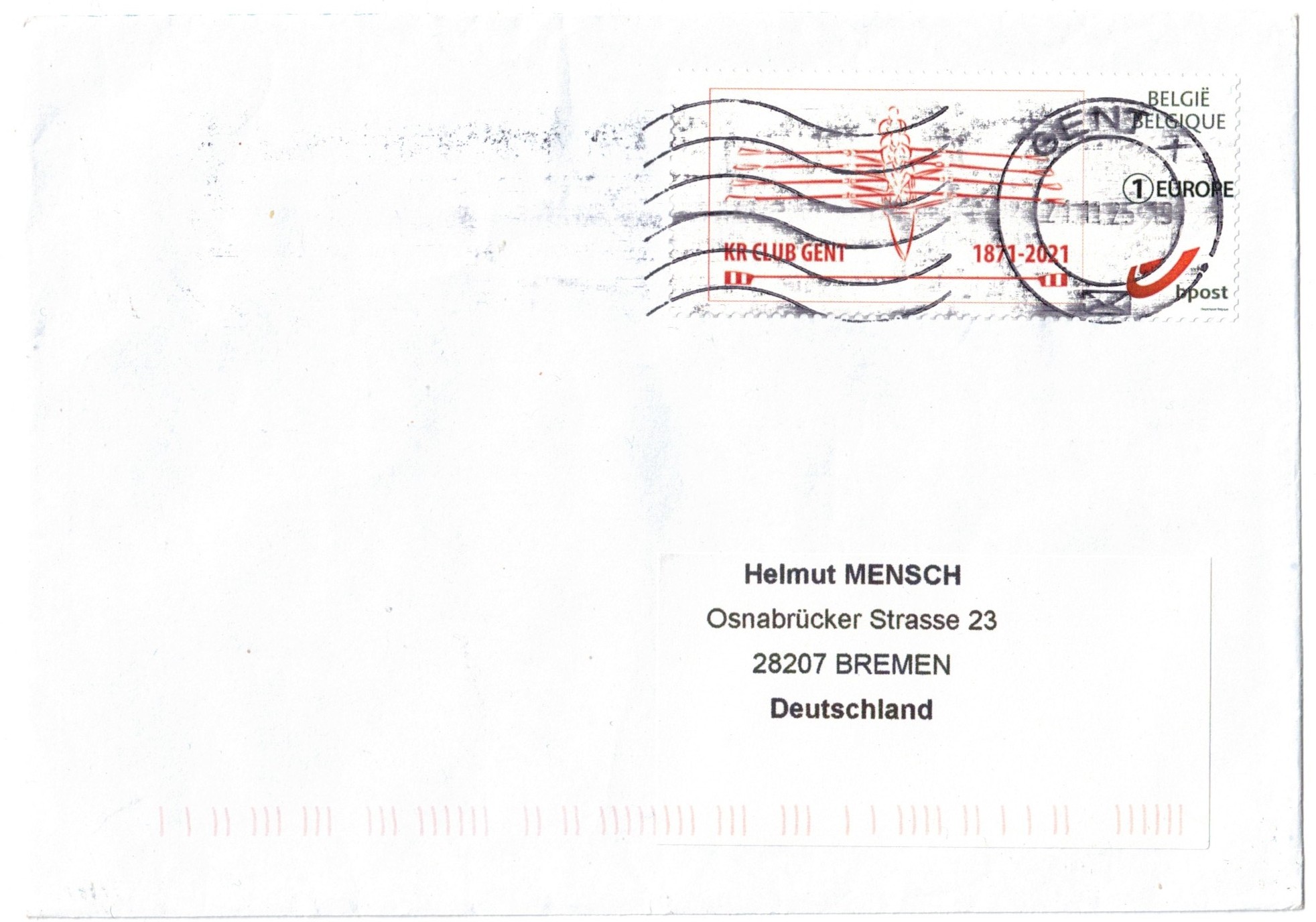 Stamp BEL 2021 KR Club on cover to Bremen