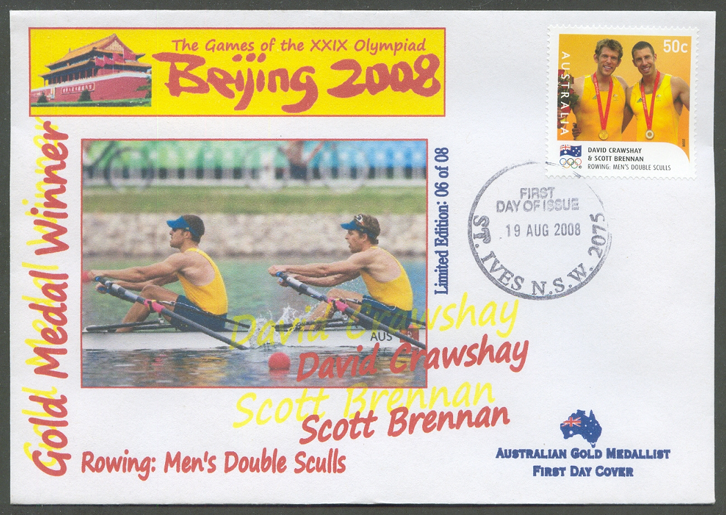 FDC AUS 2008 Aug. 19th St. Ives D. Crawshay S. Brennan M2X gold medal winners at OG Beijing