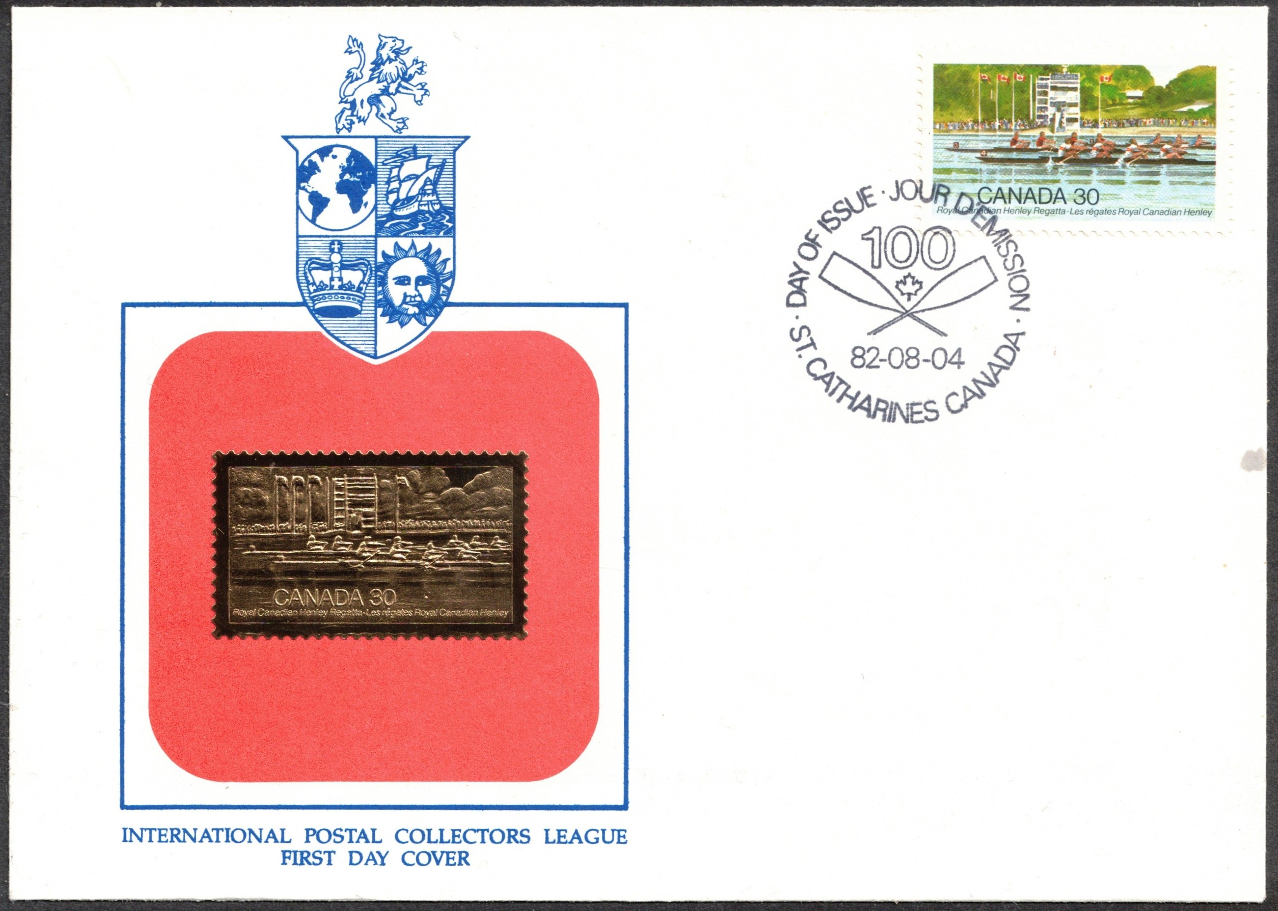 FDC CAN 1982 Au. 4th Hamilton 100th Royal Canadian Henley Regatta with gold foil stamp on red background
