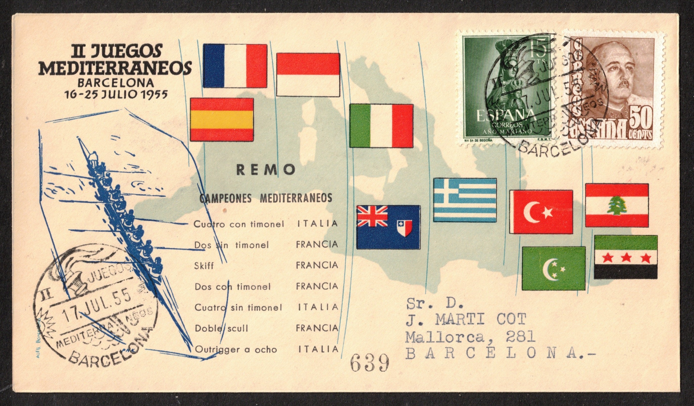 Illustrated cover ESP 1955 II. Mediterranean Games Barcelona 16th 25th July arrival PM on back
