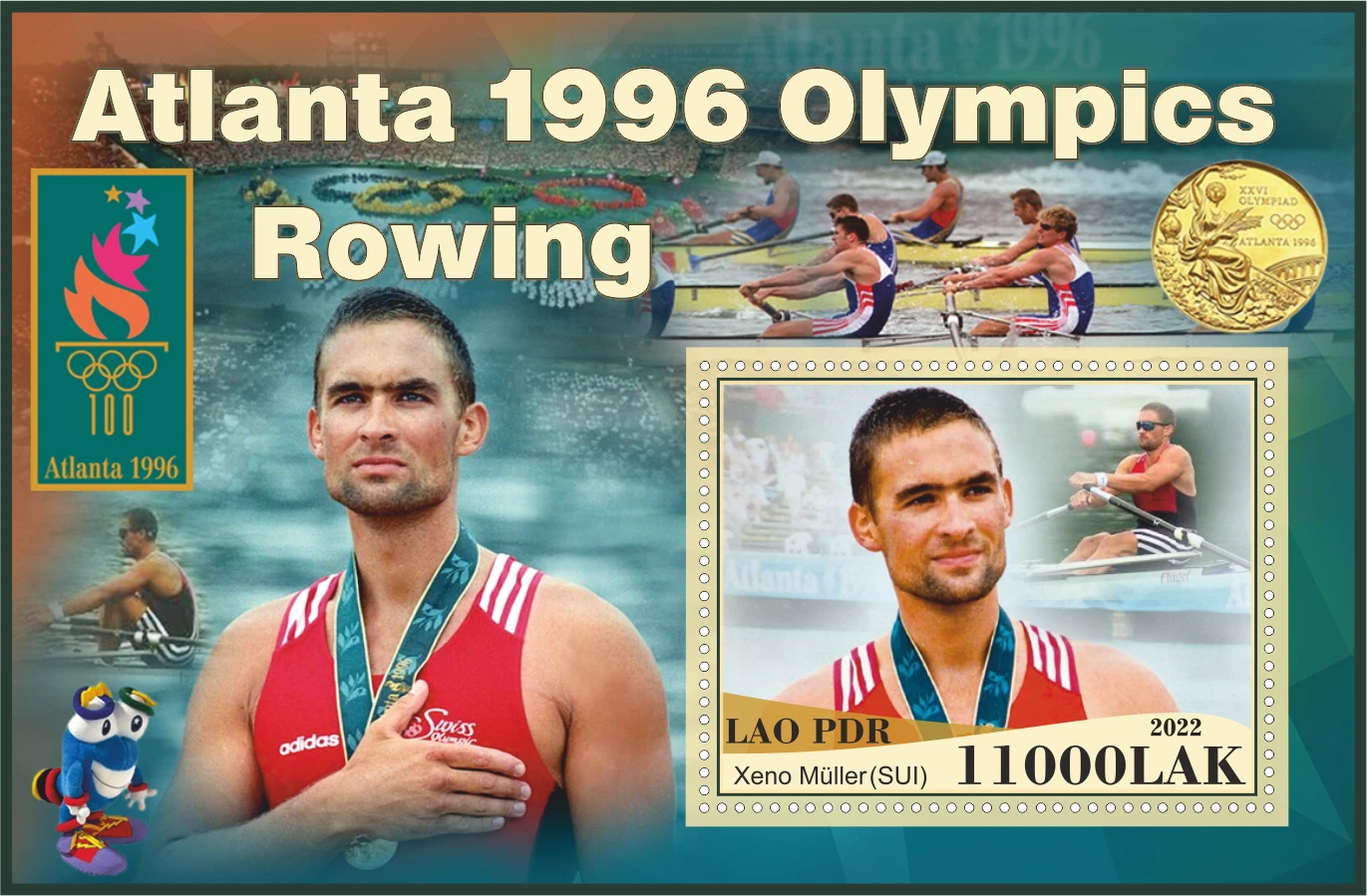 Stamp LAO 2022 SS unauthorized issue OG Atlanta 1996 M1X gold medal winner Xeno Mueller SUI